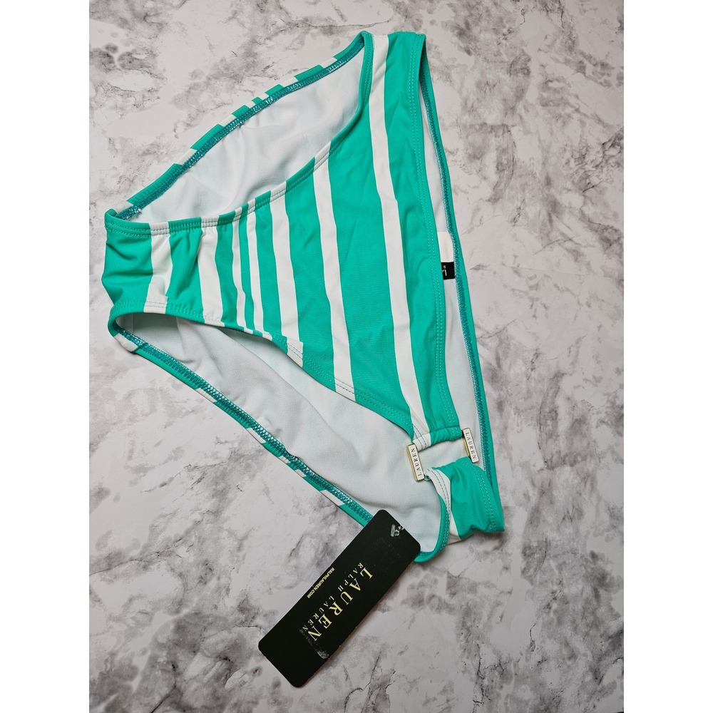 Lauren Ralph Lauren Teal White Striped Bikini Bottoms Gold Logo Size 10 NEW